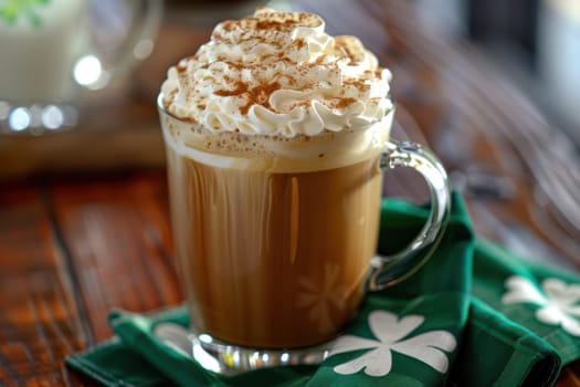Irish coffee topped with whipped cream and a dash of nutmeg sits on a shamrock napkin, adding charm to a warm café setting. perfect for celebrating st. patrick's day with a traditional irish twist.