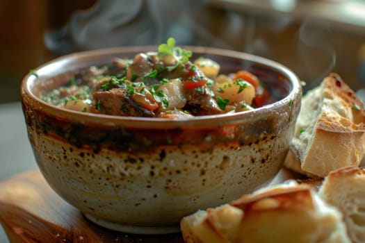 Steaming hot irish lamb stew served in a rustic bowl, accompanied by crusty soda bread on a wooden table. this traditional dish, perfect for st. patrick's day, evokes warmth and authentic irish cuisine.
