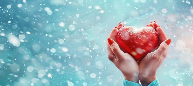 Hands hold a vibrant red heart against a snowy winter backdrop, contrasting with blue tones. the composition provides space for text, offering a perfect design for cards, posters, or seasonal promotions.