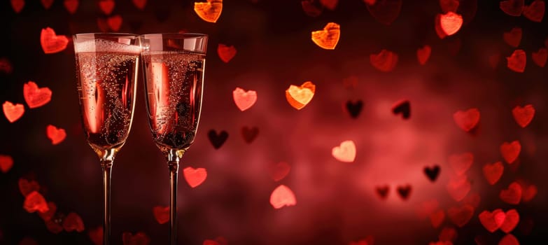 Valentine's day banner featuring two champagne glasses with sparkling heart-shaped bokeh in the background. the romantic, celebratory scene is perfect for holiday cards, posters, or festive designs with space for text.