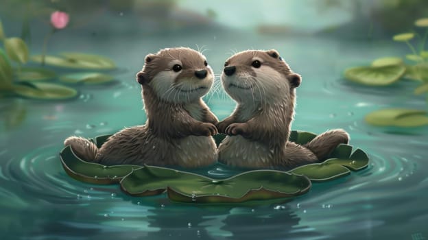 Adorable otters holding hands on a heart-shaped lily pad, set in a serene water environment. the charming scene conveys themes of love and romance, perfect for valentine's day celebrations and heartfelt greetings.