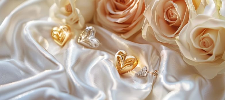 Close-up of exquisite gold and silver heart-shaped earrings resting on soft white satin, accompanied by delicate roses. the luxurious setup and soft lighting create a romantic ambiance, perfect for valentine's day-themed design elements.