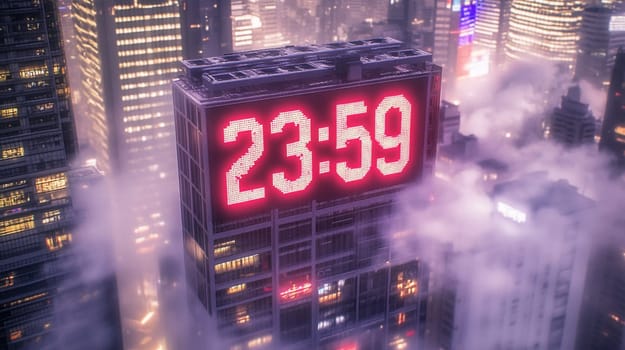 Giant digital clock on a skyscraper is showing the time 23,59, while the city below is covered by a thick layer of fog