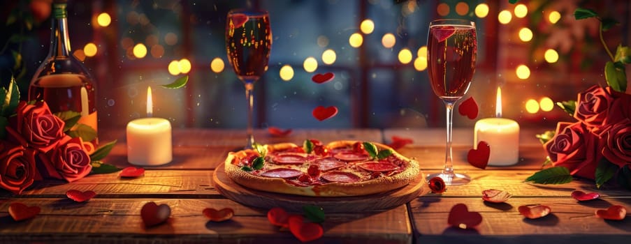 A romantic valentine's day setting featuring a heart-shaped pepperoni pizza on a wooden table, surrounded by red roses, wine glasses, and glowing candles. the scene exudes warmth and intimacy, ideal for romantic celebrations.