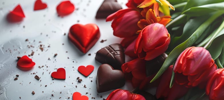 A vibrant display of red tulips and heart-shaped chocolates arranged on a light surface, perfect for valentine's day themes. this colorful composition leaves ample space for personalized messages or design elements.