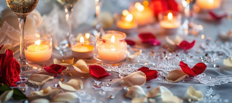 Heart-shaped candles emit a soft glow on a white lace tablecloth adorned with rose petals and champagne glasses, creating a romantic valentine's day setting. perfect for banners, cards, or posters with space for custom text.
