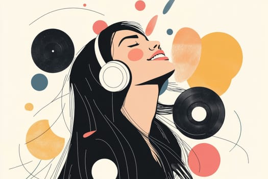 Cute girl listens to her favorite music on headphones and sings. High quality photo