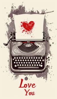 A classic valentine's day card design featuring a vintage typewriter with a sheet of paper. the paper displays a heart and the message "love you," blending nostalgia with romance in a charming illustration.