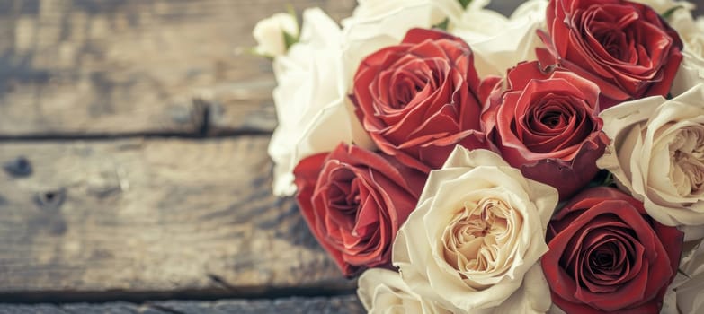 Heart-shaped bouquet of red and white roses on a rustic wooden surface, perfect for valentine’s day designs. the elegant arrangement offers space for personalized text, ideal for greeting cards, posters, or digital graphics.