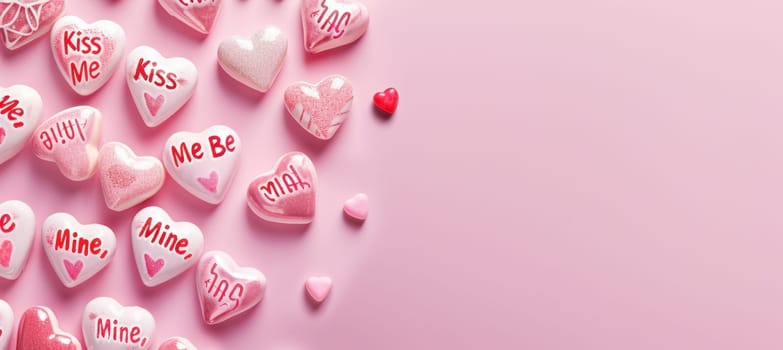 Heart-shaped candies with messages like "kiss me" and "be mine" arranged in a flat lay on a pastel pink background. this sweet and fun valentine's day design is ideal for holiday cards, posters, or festive decorations.