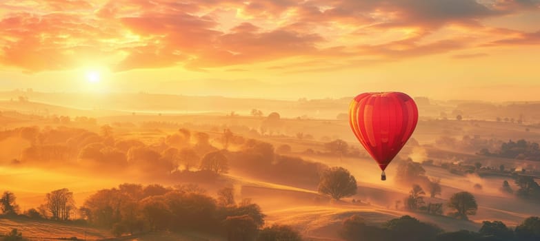 A heart-shaped hot air balloon drifts over a serene countryside at sunrise. the dreamy atmosphere and soft lighting create a romantic setting, ideal for valentine's day themes or scenic photography uses.