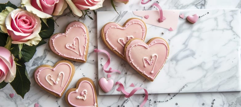 Flat lay of heart-shaped cookies with pink icing gracefully arranged on a marble background, accompanied by a bouquet of roses and a handwritten card. perfect for romantic and elegant design projects with ample space.
