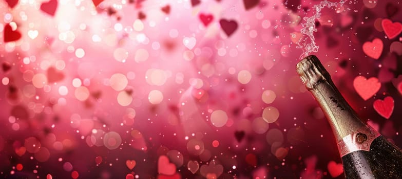Celebrate valentine's day in style with a luxurious design featuring a champagne bottle popping open. heart-shaped confetti and bubbles create a festive and romantic atmosphere perfect for invitations or greeting cards.