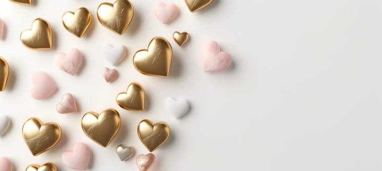 Minimalist valentine's day banner featuring gold and pink hearts on a white backdrop. the modern layout provides ample space for branding, making it ideal for promotional materials, cards, and posters.