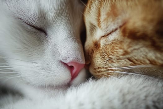Two cute cats are sleeping comfortably, cuddled up to each other. Close-up. High quality photo