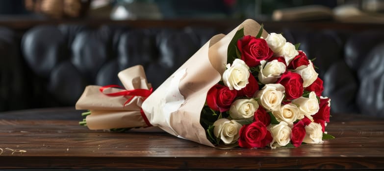 Bouquet of red and white roses elegantly wrapped in luxury paper on a dark wood table. the composition provides ample space for a stylish promotional message, ideal for valentine's day designs and print materials.
