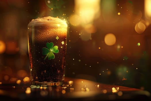 A photorealistic st. patrick's day card depicts a freshly poured pint of stout. foam art forms a shamrock on top. the atmosphere is warm and inviting, set within a dimly lit pub with soft, glowing lighting.