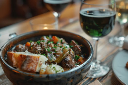 Steaming irish lamb stew featuring tender meat, vegetables, and herbs served with crusty soda bread. perfect for st. patrick's day festivities, this dish captures a rustic, cozy, and authentic irish dining experience.