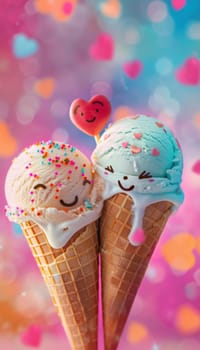 Two joyful ice cream cones with smiling faces and heart-shaped sprinkles melt together, set against a vibrant, colorful background. the playful scene exudes warmth and love, perfect for valentine's day celebrations.