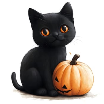 A black cat with orange eyes sits beside a jack-o-lantern pumpkin. The image is a playful take on Halloween traditions.