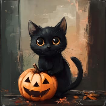 A cute black cat sits next to a carved pumpkin, a perfect Halloween illustration.
