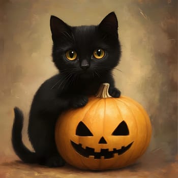 A black cat sits next to a jack-o-lantern, creating a classic Halloween scene.