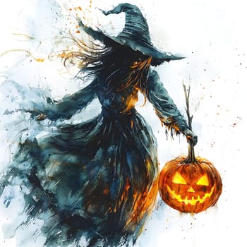 A watercolor illustration of a witch holding a jack-o-lantern in a spooky forest setting. The witch's flowing dress and dark hair add to the atmosphere, and the pumpkin is glowing with a sinister light.
