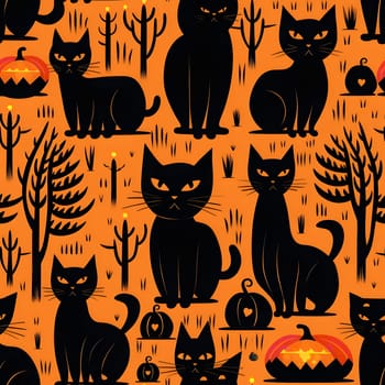 A repeating pattern featuring black cats and pumpkins on an orange background.