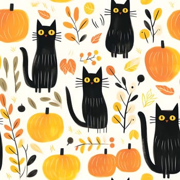 A charming and colorful pattern featuring cute black cats and pumpkins. Perfect for Halloween decorations or any autumn-themed project.