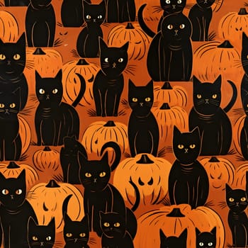 An illustration of black cats among orange pumpkins for a spooky Halloween design.
