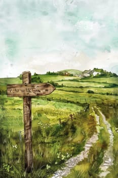 Watercolor illustration of a wooden signpost pointing to an irish village, set amidst lush green fields and shamrocks. perfect for st. patrick's day cards or festive designs, capturing the charm of ireland.