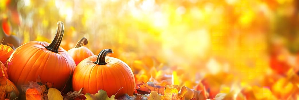 Three pumpkins lay among a bed of autumn leaves with a warm, glowing sunlight in the background.