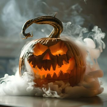 A carved jack-o'-lantern with a sinister smile glows ominously through swirling smoke. The image captures the eerie and spooky essence of Halloween.