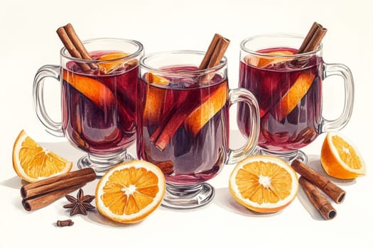 Image of three glasses of mulled wine on a light background. High quality photo
