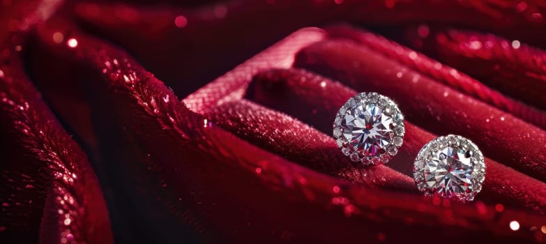 A close-up of radiant diamond earrings nestled in a plush red velvet box, illuminated by soft lighting for a luxurious valentine's day theme. this sophisticated design leaves ample space for a premium marketing message.