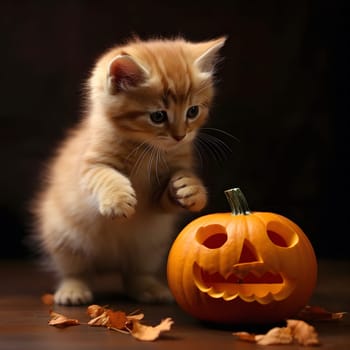 A cute kitten is looking at a carved pumpkin. The kitten is orange and white, and the pumpkin is orange.