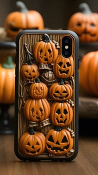 A close-up shot of a Halloween phone case with a jack-o'-lantern design. The case is orange and black and features a variety of jack-o'-lanterns carved with different expressions.