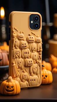 A close-up of a Halloween phone case with a pumpkin design, it features a carved pumpkin pattern. The phone case is made of a soft silicone material and is perfect for adding a touch of spooky fun to your phone. The case is also very durable and will help to protect your phone from scratches and bumps.