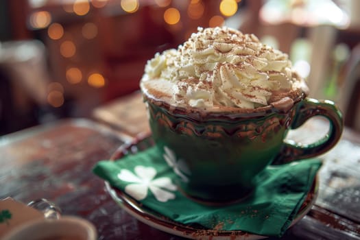 Traditional irish coffee topped with whipped cream and nutmeg in a cozy café setting. a shamrock napkin beside the cup adds a festive touch, perfect for celebrating st. patrick's day with warmth and charm.