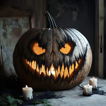 A carved pumpkin with an eerie smile and glowing candles for a spooky Halloween decoration.