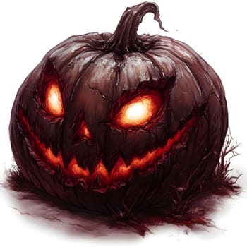 A close-up of a menacing jack-o-lantern with glowing eyes, carved into a pumpkin for Halloween, isolated against a white background