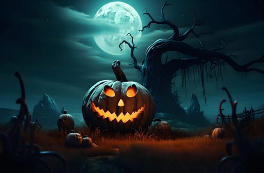 A glowing jack-o-lantern sits in a spooky forest with a full moon and a dead tree in the background.