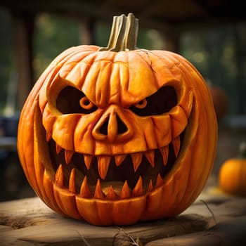 Close-up of a menacing jack-o'-lantern with a carved grin and glowing eyes, ready to scare trick-or-treaters on Halloween night.