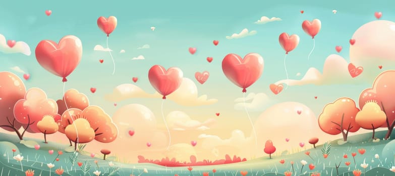 Heart-shaped balloons float over a cheerful cartoon landscape of smiling flowers and trees. the pastel sky enhances the whimsical atmosphere, making it ideal for valentine's day designs or playful greeting cards.