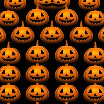 A seamless pattern of orange jack-o'-lanterns with smiling faces on a black background.