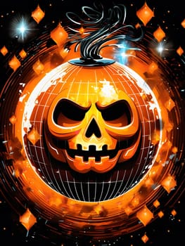 A spooky Halloween pumpkin globe with a skull face. It is surrounded by a dark and spooky background with orange lights.