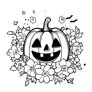 Line art illustration of a Halloween pumpkin with a spooky smile decorated with flowers