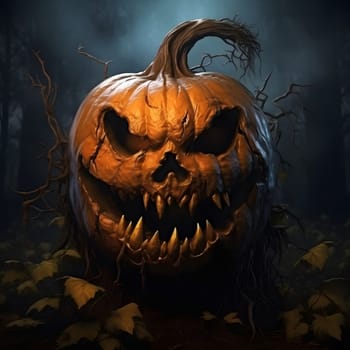 A close-up of a menacing jack-o'-lantern with a menacing grin and glowing eyes set against a dark, mysterious forest background.