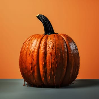 A close-up of a single pumpkin with melted wax on it, against an orange background.