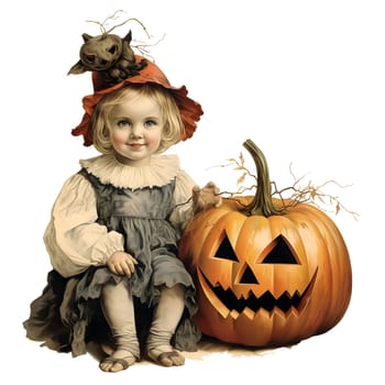 A cute little girl in a Halloween costume is sitting next to a carved pumpkin. She is smiling and looks happy to be celebrating the holiday.